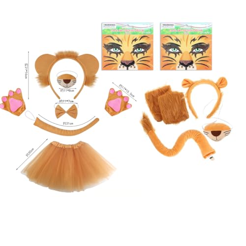 ChouGlow 14 Stück Löwen-Kostüm-Set, Tier Kostüm Set,Löwenohren und Schwanz Set,Löwenschwanz Tutu Röcke Ohren Stirnband Klaue Handschuhe Set,Karneval Tiere Cosplay Geburtstag Party Faschingskostüme von ChouGlow