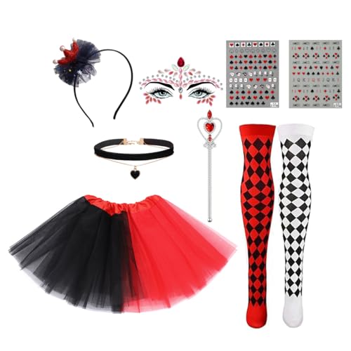 ChouGlow Karneval Kostüm Damen,Herzkönigin Kostüm,Rotes Herz Königin Kostüm Set mit Kleid, Krone, Gesicht Edelsteine und Socken für Karneval,Fasching,Mottoparty. von ChouGlow