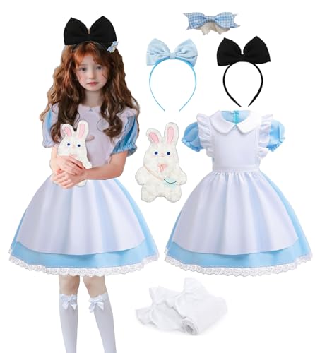 ChouGlow Mädchen Prinzessin Kleid, Alice im Wunderland Kleid Kostüm,Blau Kleid Kinder 7-teiliges Set für Verkleidung Karneval Weihnachten Halloween Geburtstag Party. (100) von ChouGlow