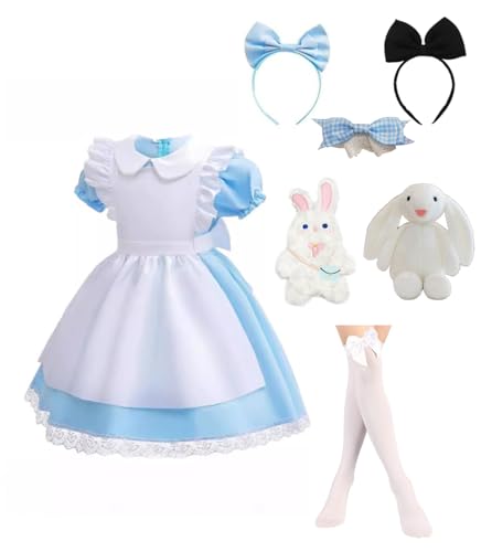 ChouGlow Mädchen Prinzessin Kleid, Alice im Wunderland Kleid Kostüm,Blau Kleid Kinder 7-teiliges Set für Verkleidung Karneval Weihnachten Halloween Geburtstag Party. (120) von ChouGlow