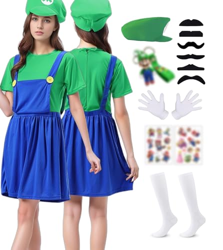 ChouGlow Super Brüder Cosplay Kostüm,Super Klempner Kostüm Set mit Mütze Schnurrbärte Handschuhe Mari und Lugi Kostüm Brothers Jumpsuit Halloween Karneval Kostüm Set für Kinder Damen Herren von ChouGlow