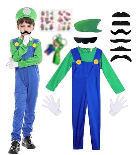 ChouGlow Super Brüder Cosplay Kostüm,Super Klempner Kostüm Set mit Mütze Schnurrbärte Handschuhe Mari und Lugi Kostüm Brothers Jumpsuit Halloween Karneval Kostüm Set für Kinder Damen Herren von ChouGlow