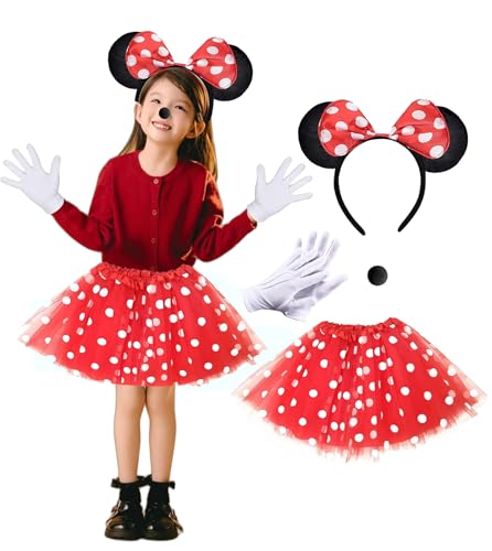 ChouGlow Minni Maus Mouse Kostüm mit Tutu Tüllrock Maus Ohren Haarreifen Nase weiß Handschuhe Cosply Kostüm Accessoire für Fasching Karneval Motto Cosplay Party von ChouGlow