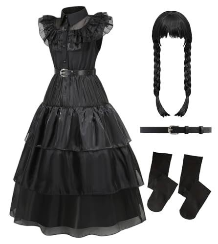 ChouGlow Mittwoch Kostüm Kinder Mädchen Schwarzes Kleid mit Gürtel, Perücke,Socken,Anime Cosply Kostüm für Halloween Weihnachten Karneval Cosplay Geburtstagsfeier 4-14 Jahre (110) von ChouGlow