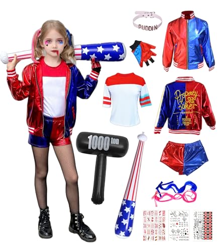 ChouGlow Quinn Kostüm, Cosplay Outfits mit Mantel, T-Shirt, Shorts, Handschuhe, Kleid Cosplay Kostüme für Halloween Karneval (Kinder, 110) von ChouGlow