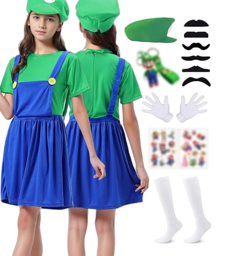 ChouGlow Super Brüder Cosplay Kostüm,Super Klempner Kostüm Set mit Mütze Schnurrbärte Handschuhe Mari und Lugi Kostüm Brothers Jumpsuit Halloween Karneval Kostüm Set für Kinder Damen Herren von ChouGlow