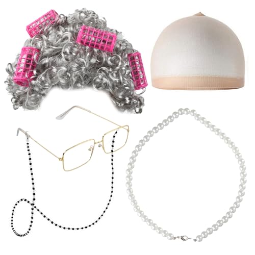 Chstarina 5 Stück Oma Kostüm, Großmutter Cosplay, Old Lady Kostüm, Oma Perücke Grau, Perücke Kappe, Oma Brille mit Kette, Perlenkette, Oma Verkleidung für Damen, Mädchen, Karneval, Kostümzubehör von Chstarina