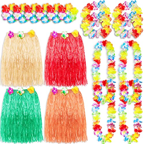 Chuangdi 4 Set Hawaiianisches Partykostüm Hawaiianischer Hula Grasrock Girlande Leis-Halskette Armband Stirnbänder mit Blumen für Tropisches Luau Party Foto Requisiten Zubehör(Elegante,Frische) von Chuangdi