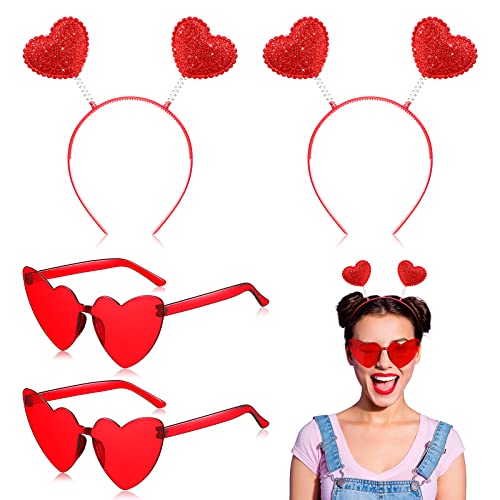 Chuangdi 4 Stück Muttertag Herz Stirnband Rote Herz Randlose Sonnenbrille für Damen Neuheit Pailletten Haarband Boppers Romantisches Jubiläum Kostüm Zubehör für Valentinstag Geburtstag Kostüm Party von Chuangdi