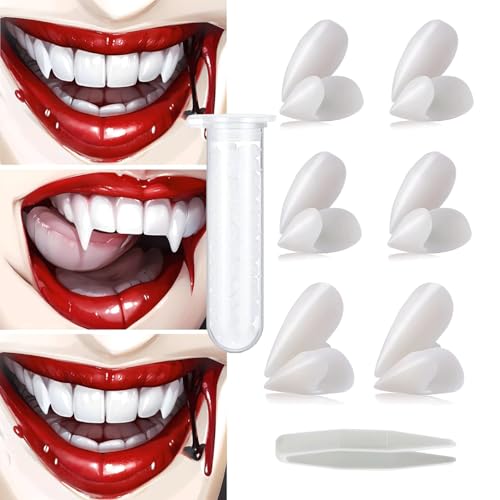 Vampir Zähne, 6 Paar Halloween Vampir Zähne mit 1 Tube Zahnpellets Kleber, Ealistische Wiederverwendbare Vampir Zähne für Halloween Cosplay Party (13mm 15mm 17mm) von Chuankefanxing