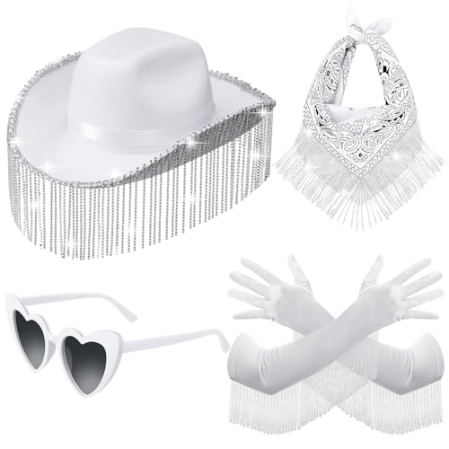 Chuarry Cowgirl-Hut mit Strasssteinen, Kostümzubehör für Damen, Cowgirl-Hut, Sonnenbrille, Bandana, Fransenhandschuhe, 4 Stück, Weiss/opulenter Garten, Einheitsgröße von Chuarry