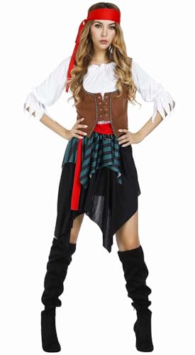 Chukamalilayi Piratenkostüm für Damen, Halloween, Erwachsene, Piratenkleid, Rock, Freibeuter, lustig, Cosplay, Party, Braun, Größe L von Chukamalilayi