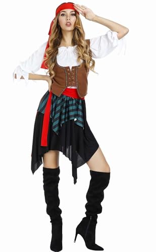 Chukamalilayi Piratenkostüm für Damen, Halloween, Erwachsene, Piratenkleid, Rock, Freibeuter, lustig, Cosplay, Party, Grün, Größe 3XL von Chukamalilayi