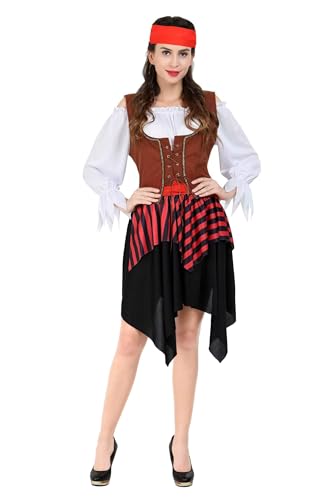 Chukamalilayi Piratenkostüm für Damen, Halloween, Erwachsene, Piratenkleid, Rock, Freibeuter, lustig, Cosplay, Party, Rot, Größe S von Chukamalilayi