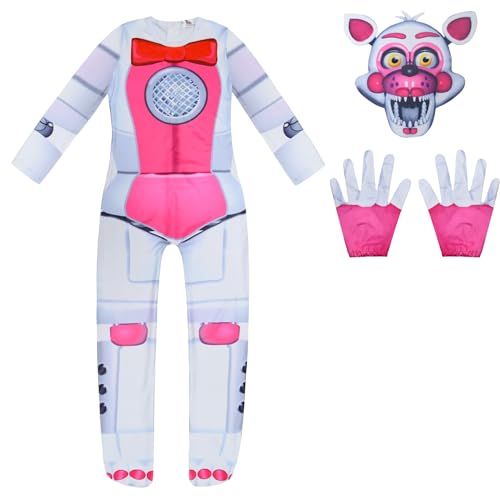 FNAF Kostüm Bonnie Foxy Fazbear Cosplay-Overall, Sicherheitsverletzung, FNAF-Spielcharakter, Halloween-Body für Party, Kostüm, Outfit (weißer Fuchs, 120) von Chukamalilayi