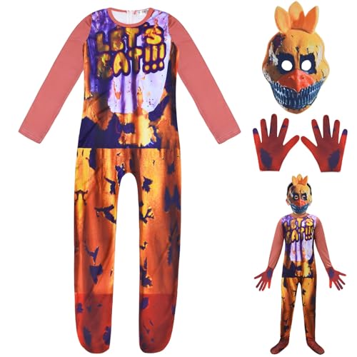 FNAF Kostüm Bonnie Foxy Fazbear Cosplay-Overall, Sicherheitsverletzung, FNAF-Spielcharakter, Halloween-Body für Party, Verkleidung, Outfit (Yellow Chica, 120) von Chukamalilayi