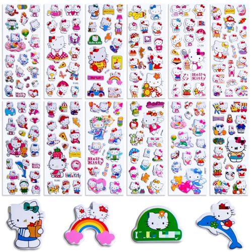 12 Stück Kitty Aufkleber, 3d Puffy Sticker Mädchen, Aufkleber Wasserfest, Kinder Sanlio Sticker Set Mitgebsel Kindergeburtstag Gastgeschenke für Skateboards, Bottle, Tablets, Schultaschen, Türen von Chukua