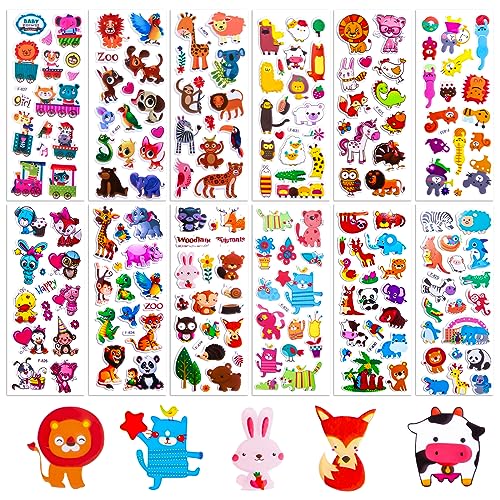 12 Stück Sticker Tiere, Puffy 3d Sticker Kinder, Tiersticker Aufkleber Tiere Wasserfest, Kawaii Animal Stickers, Sticker Set Geburtstag Kinder für Skateboards, Bottle, Tablets, Schultaschen, Türen von Chukua