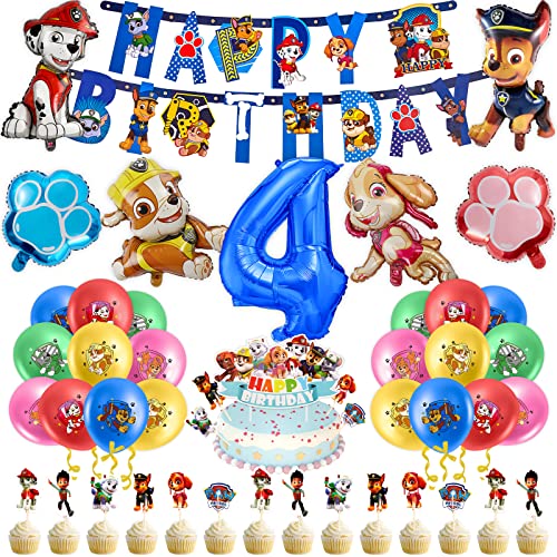 53 PCS Paw Luftballons Geburtstag 4 Jahre Jungen Mädchen Hund Patrol Geburtstagsdeko Ballon Deko 4. Geburtstag Folienballon Happy Birthday Banner Cake Topper Tortendeko für Kindergeburtstag Party Deko von Chukua