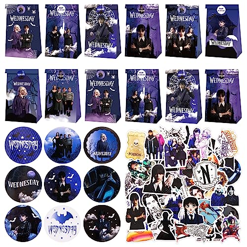 Chukua Addams Party Mitgebsel Set, 50Pcs Sticker Kinder, 12Pcs Papiertüten Geschenktüten mit 18Pcs Runde Aufkleber, für Geschenke Kindergeburtstag Mitgebsel Party Zubehör von Chukua