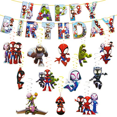 Chukua 14PCS Spider Geburtstag Dekoration, Spidey Bunting Girlande Hängende Deko, Gute zum Geburtstag Banner, Happy Birthday Spider Banner Dekoration für Kinder Spidey Thema Party Deko von Chukua