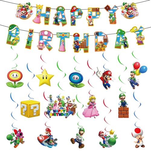 Chukua Geburtstag Deko Ma-rio Bunting Girlande Hängende Deko Geburtstag Banner Swirl Decorations Super Bros Happy Birthday Banner Dekoration für Kinder thema Party Deko von Chukua