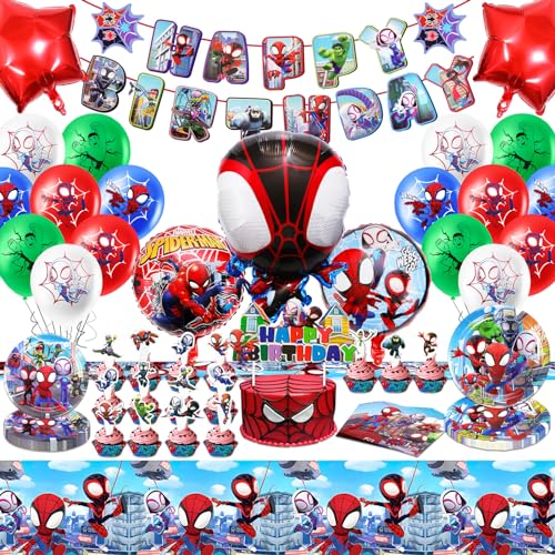 Chukua Geburtstag Deko 79PCS Spider Geburtstagsparty Dekorationen, Spinne Geburtstagsdeko schließen Geburtstag Banner, Ballon, Pappteller, Tischdecke, Servietten, groß Kuchenfahne, Cupcake topper von Chukua