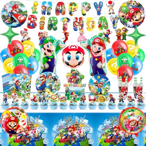 102Pcs Ma Rio Pappteller Kindergeburtstag Deko Super Bros Geburtstag Geschirr Set Geburtstagsdeko Partygeschirr Party Deko Tischdecke Servietten Teller und Becher Luftballon Banner Tortendeko 20 Gäste von Chukua