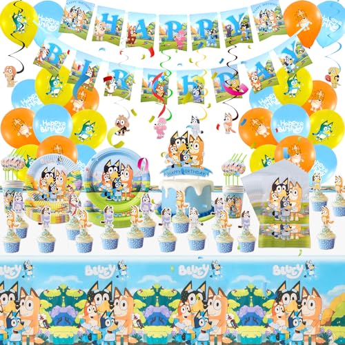 Chukua Bluey Pappteller Kindergeburtstag Deko- 113Pcs Dog Geburtstag Geschirr Set Geburtstagsdeko Partygeschirr Party Deko Tischdecke Servietten Teller und Becher Luftballon Banner Tortendeko 20 Gäste von Chukua