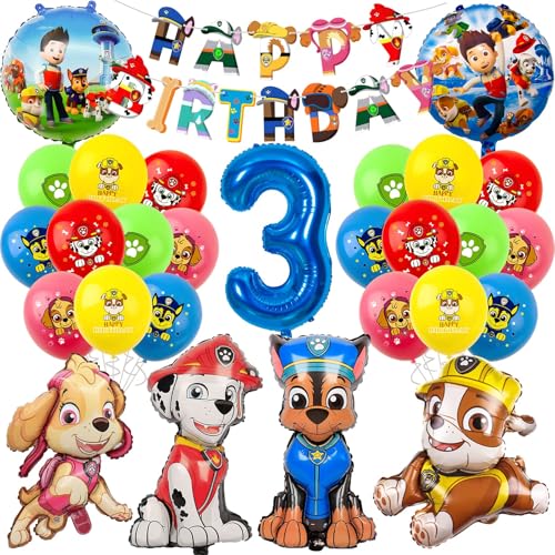 Paw Luftballon Geburtstag Deko 3 Jahre Jungen Mädchen -Hund Patrol Geburtstagsdeko 3 Jahr Skye Marshall Chase Rubble Ballon Deko 3. Geburtstag Happy Birthday Girlande für Kindergeburtstag Party Deko von Chukua