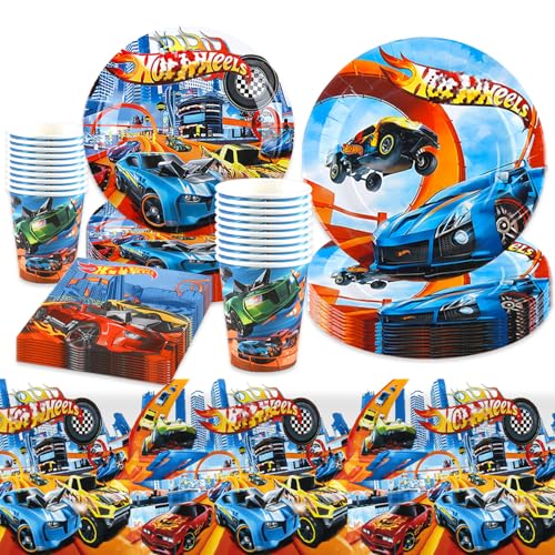 Rennauto Pappteller Kindergeburtstag Deko Jungen Mädchen- Autos Geburtstag Geschirr Set Hot Geburtstagsdeko Wheels Partygeschirr Cars Party Supplies Deko Tischdecke Servietten Teller Tassen 10 Gäste von Chukua