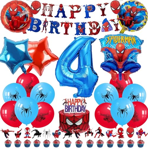 Spider Luftballon Geburtstag Deko 4 Jahre Jungen- Spider Girlande Geburtstagsdeko 4 Jahr Spider Ballon Deko 4. Geburtstag Folienballons Happy Birthday Banner Tortendeko für Kindergeburtstag Party Deko von Chukua