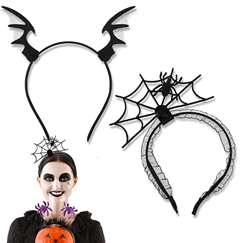 Chunyin 2 Stück Halloween Stirnband Spinne Net Stirnband Haarreifen mit Fledermaus Flügel Mädchen Erwachsene Teufel Haarband für Geister Kostüm Cosplay, Einheitsgröße, Schwarz von Chunyin