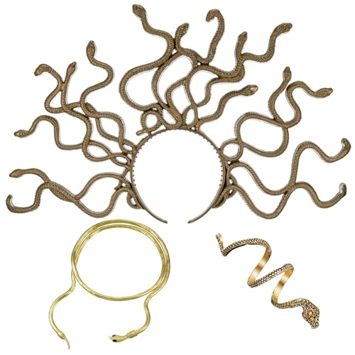 Chunyin 3er Set Karneval Medusa Kostüm Medusa Schlangen Stirnband Schlangen Kopfschmuck Gold Mehrzweck Biegbare Schlange Halskette Gotisch Punk Schlangenring für Cosplay Maskenball Party Zubehör von Chunyin