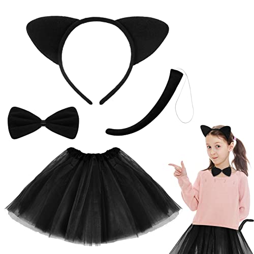 Chunyin 4 Pezzi Set di Costumi da Animale di Halloween per Ragazza Costume da Leone e Gatto con Orecchie Cerchietto Coda Papillon Gonna Tutù Abito in Maschera per Bambini Cosplay (Nero, Stile Gatto) von Chunyin