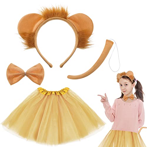 Chunyin 4 Stück Halloween Tier Kostüm Mädchen Löwe und Katze Kostüm mit Ohren Stirnband Schwanz Fliege Tutu Rock Tier Kostüm Outfit Karneval Cosplay für Kinder (Golden, Löwen Stil) von Chunyin