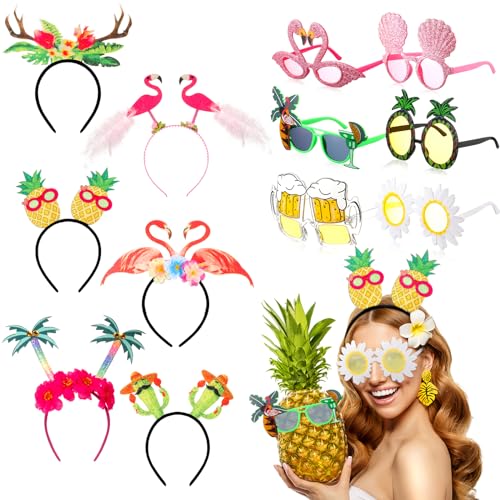 Chunyin Set de 12 Luau Party Sonnenbrille und Hawaiianische Party-Headbopper Enthalten 6 Flamingo Ananas Palme Neuartige Sonnenbrille 6 Hawaii Stirnband für Kinder Erwachsene Sommer Strandparty von Chunyin