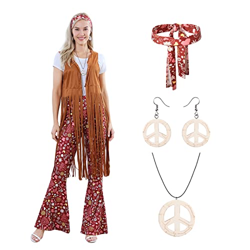 Churgigi 70er Jahre Bekleidung Damen Hippie Kleidung Damen Fransenweste Abba Hippie Kostüm Hippy Kleidung Damen Party Outfit 70er Jahre 60 Jahre Kleidung Damen für Halloween und Karneval Cosplay von Churgigi