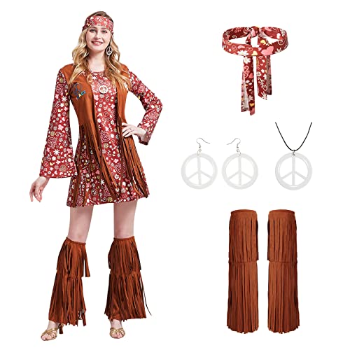 Churgigi 70er Jahre Bekleidung Damen Hippie Kleidung Damen Fransenweste Abba Hippie Kostüm Hippy Kleidung Damen Party Outfit 70er Jahre 60 Jahre Kleidung Damen für Halloween und Karneval Cosplay von Churgigi