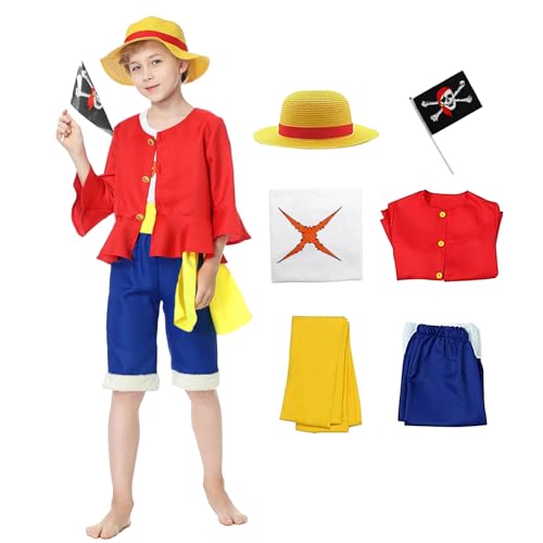 Churgigi Cosplay Luffy Kostüm One Piece Costume Luffy Kostüm Cosplay Junge Kostüm Karneval mit Strohhut Luffy Monkey D. Rufy Costume von Churgigi