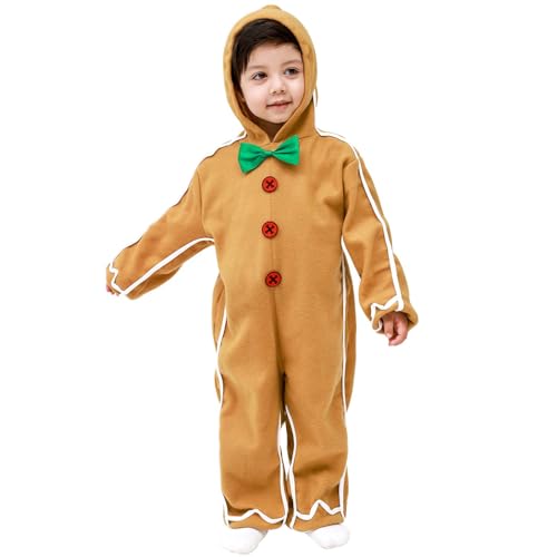 Churgigi Weihnachtskostüm Lebkuchenmann für Kinder, Lebkuchen-Onesie für Kinder, Weihnachtsoutfit für Junge und Mädchen, Cosplay-Overall mit Kapuz von Churgigi