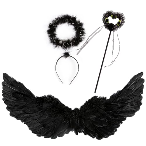 3er Engelsflügel Damen Engel Kostüm mit Heiligenschein Zauberstab Engel Flügel Federflügel für Halloween Kostüm Cosplay Karneval (schwarz) von Chyuxinda