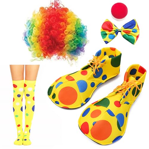 5pcs Clown Kostüm Set Regenbogen Clown Perücke Clown Nase Clown Fliege Clown Schuhe Socken Kostümzubehör für Karneval Halloween Weihnachten Party von Chyuxinda