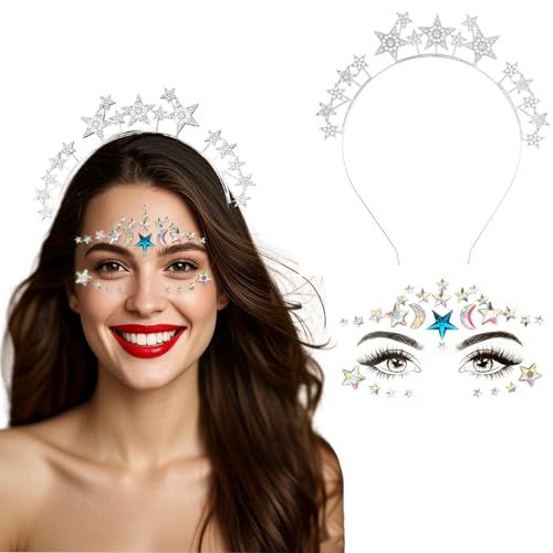 Chyuxinda 2pcs Sterne Glitzer Haarband Kostüm Haarreif Silber Stirnband Gesichtstattoo für Damen Halloween Karneval Fasching Geburtstag Cosplay Party von Chyuxinda