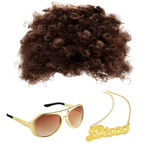 Chyuxinda 3er Hippie Kostüm Perücke Sonnenbrille Halskette 70er Jahre Disco Funky Afro Zubehör für 60er 70er 80er Motto Halloween Party von Chyuxinda