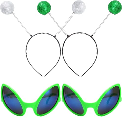 Chyuxinda 4pcs Alien Kostüm Set Alien Brille und 2pcs Martian Antenne Stirnband für Karneval Halloween Space Martian Theme Party Cosplay Urlaubspartys von Chyuxinda