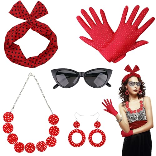 Chyuxinda 5er 1950er Jahre Kleid Zubehör Polka Dot Stirnband Katzen Auge Brille Handschuhe Halskette Ohrringe 50er Jahre Kostüm für Motoparty Retro Halloween Cosplay Karneval Party (Rot) von Chyuxinda