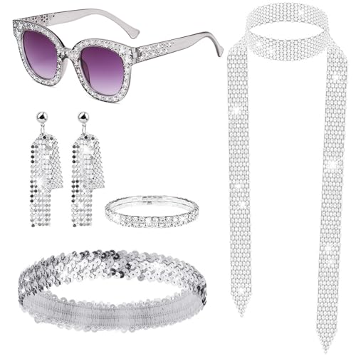 Chyuxinda 5pcs Disco 70er 80er Kostüm Glitzer Sonnenbrille Hippie Haarband für 1980s 1970s Damen Karneval Halloween Fasching Karneval Cosplay Outfit von Chyuxinda