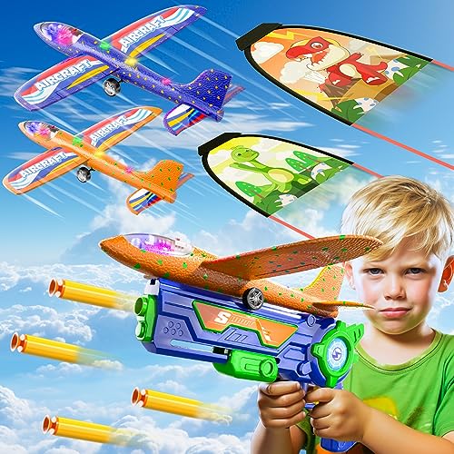 Ci Vetch Flugzeug Launcher Spielzeug für Jungen Kinder, 5 Pack Schaumstoff Flugzeug Outdoor-Spielzeug, 2 Led Plane 2 Drachen 40 weiche Kugeln, 3 4 5 6 7 8 Jahre Alten Jungen Geburtstag Geschenkideen von Ci Vetch