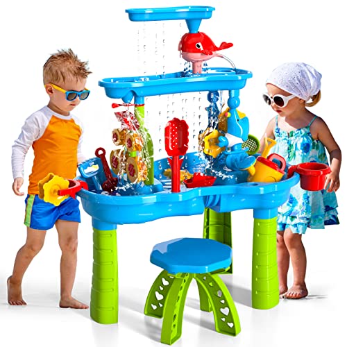 Kinder Sand Wasser Tisch Spielzeug für Kleinkinder, 3-Tier Outdoor Sand und Wasser Tisch für Kinder, Kinder Strand Spielzeug Aktivität Sensorische Spieltisch Sommer Spielzeug für Kleinkind Alter 3-5 von Ci Vetch